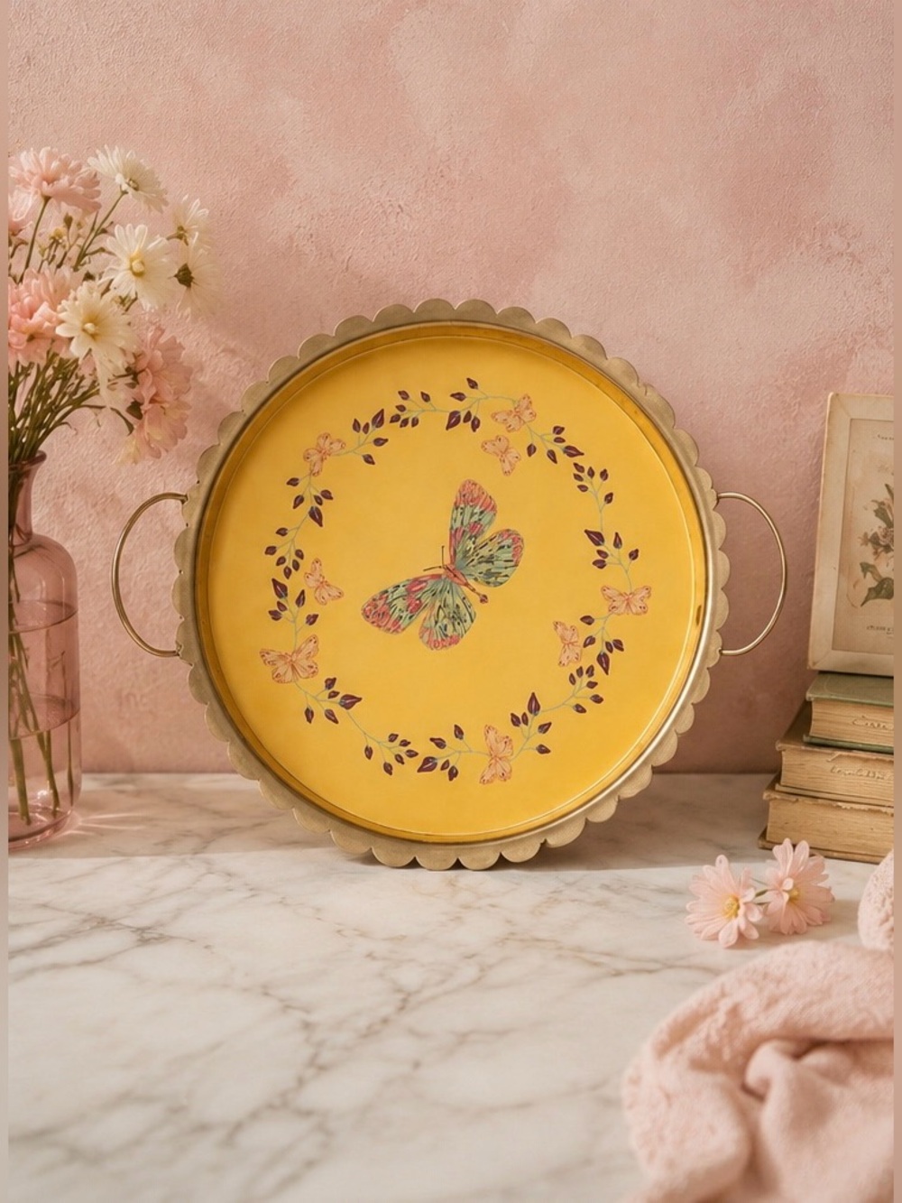 POL Yellow Butterfly Decorative Serving Tray with Scalloped Edge